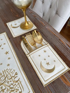 Set de napperons brodés imperméables islamiques pour le Ramadan Broderie dorée Poches de couverts en coton écologique Serviettes de table Accessoires pour - Product Image 3