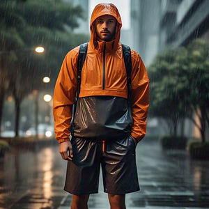 Conjunto de dos piezas de alta calidad, chaqueta cortavientos con capucha y cremallera, pantalones cortos impermeables estampados para montaña, senderismo, equipo de lluvia de invierno - Product Image 1