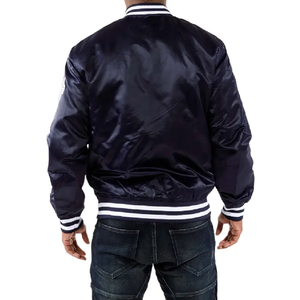 Blouson bombardier boutonné en satin de soie bleu pour hommes design personnalisé vestes à boutons-pression pour baseball avec bordure en côtes - Product Image 4