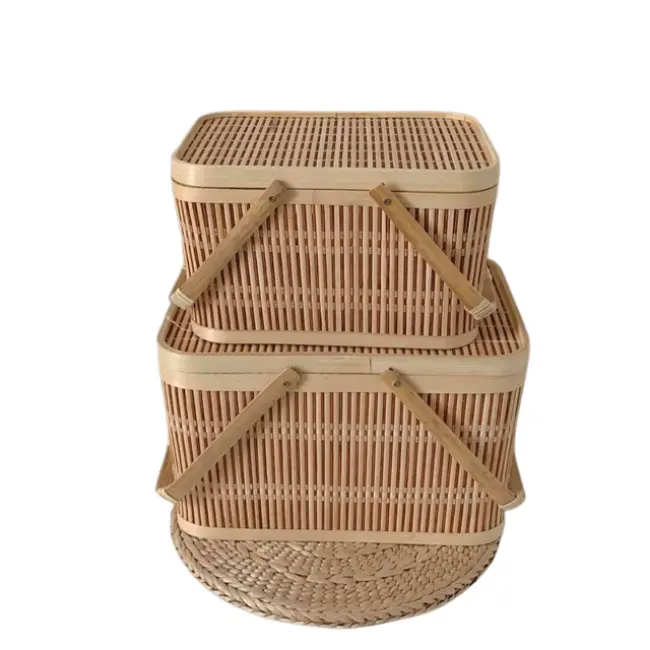Picnic Basket from Vietnam Natural Woven Bamboo with Folding Handle for nice picnic Bamboo basket good price for export