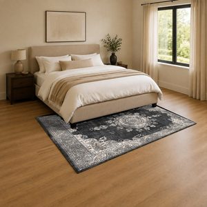 Tapis de salon en chenille antidérapant, gris anthracite, motif médaillon traditionnel imprimé numériquement, lavable en machine, vente en gros - RUGS DEPOT LXDP-0165 - Product Image 3
