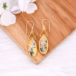 Pendientes de Bisutería con Forma Ovalada de Jaspe Abejorro Natural, Chapados en Oro Amarillo, al por Mayor para Mujeres y Niñas - Product Image 4