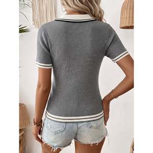 Women's Gray Colorblock Short Sleeve Preppy Style 100% <b>Acrylic</b> for Shirt - Product Image 3