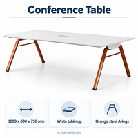 Table de conférence moderne 1800 mm blanche, table de formation de bureau avec pieds en acier orange en forme de A et accès central aux câbles