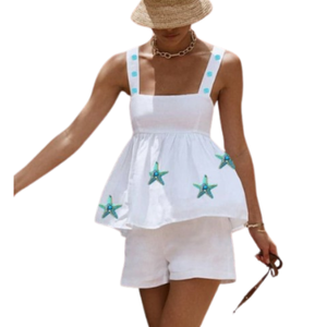 Summer Sea White Top Lovely Summer Look Beach Top Avec Bretelles Larges Patches Et Short Set Summer Beach Patches - Product Image 3