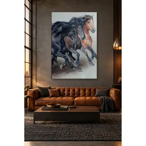 Impression sur toile Fida : Trois chevaux au galop (deux noirs et un brun) - Product Image 1