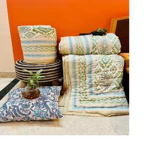 Custom Made <b>Single</b> <b>Bed</b> Hand Stitched <b>Quilt</b> With Cushion <b>Covers</b> in 16 X 16 Inch in Pure Cotton in Light Pastel Colours - Product Image 1