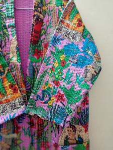 แจ็กเก็ต Kantha ทำมืองานปะติดเสื้อโค้ทกิโมโนญี่ปุ่นฤดูร้อนมีกระเป๋าหลากสีผูกเข็มขัดเย็บมือ100% - Product Image 6