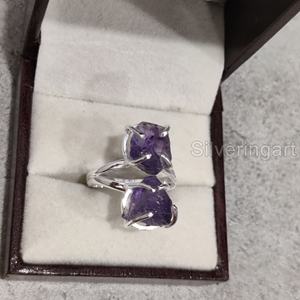Bijoux en pierre brute Bague pour femme Améthyste brute naturelle Pierre précieuse Février Pierre de naissance Double pierre de mariage Bague en argent sterling 925 - Product Image 2