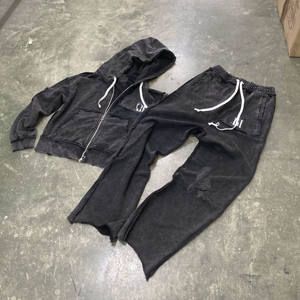 Ensembles personnalisés de pantalons de survêtement à jambes larges et de joggings à capuche ensembles de sweat à capuche brodé délavé au soleil ensembles de sweats à capuche zippés vintage délavés à l'acide pour hommes - Product Image 2
