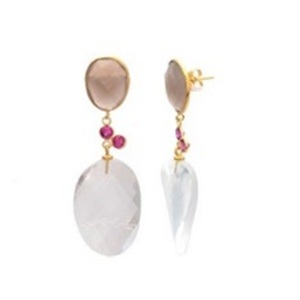 New Arrival Crystal Quartz Grey chalcedony & Pink CZ Gemstone 925 Sterling Silver Pear And Oval Shape Earrings - Product Image 1