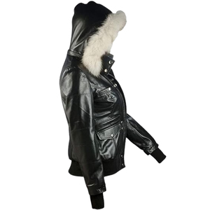 Veste en cuir noir haut de gamme pour femme, modèle 2026, très demandée, sur mesure, 100 % cuir de haute qualité, respirante, avec capuche, pour l'hiver - Product Image 3