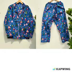 Conjunto de ropa de dormir para mujer de algodón suave de color azul Pijamas elegantes transpirables ligeros diseñados para la comodidad - Product Image 1