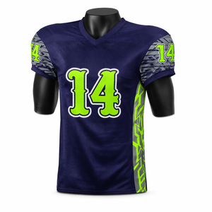 เสื้อฟุตบอลอเมริกันแบบกำหนดเองสำหรับผู้ชาย เสื้อตาข่ายระบายอากาศพร้อมหมายเลขสีนีออน แขนเสื้อลายพราง ชุดทีม OEM เสื้อฟุตบอลแบบซับลิเมชั่น - Product Image 1