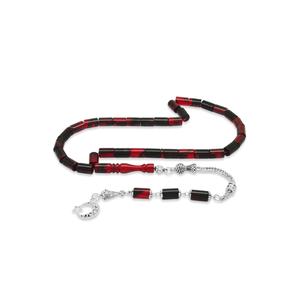Rosario di ambra di fuoco rosso-nero tagliato con nappe di metallo schiarite - Product Image 1