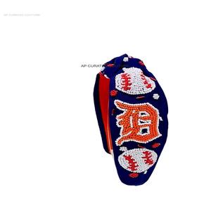 Bandeau de cheveux pour femme, accessoire de cheveux, forme de feuille supérieure, noué, brodé de perles, multicolore, baseball, artisanal, pour le jour du match - Product Image 3