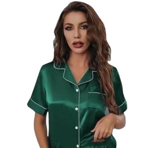 Conjunto de traje de noche relajado con cuello en V de satén tejido para mujer, ropa de dormir Floral, pijama de seda con cordón, pantalones cortos lisos/lisos - Product Image 1