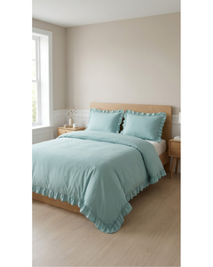 Luxury Solid Sage Green 4pcs <b>Bedding</b> Set Polycotton Duvet Cover Fitted Sheet and Pillowcase <b>Ruffled</b> Design for Home & Hotel Use - Product Image 1