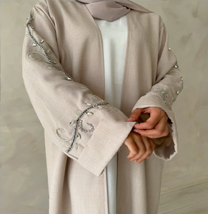 Màu Xanh Thanh Lịch Sáng Bóng Lụa Satin nhún Vai Flayered Thiết Kế Mở Abaya Kaftan khiêm tốn Hồi Giáo Quần Áo Cho Người Lớn Thổ Nhĩ Kỳ Phong Cách Eid Dubai - Product Image 6