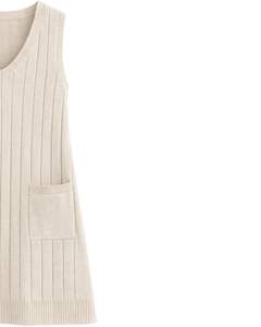 Beige <b>Womens</b> Knitted Sleeveless <b>Vest</b> Dress V Neck Ribbed Pockets Soft Acrylic Winter Casual Custom Manufacturer Wholesale Export - Product Image 3