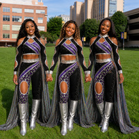 Costume de majorette HBCU, tenue de danse violette à imprimé léopard avec strass et paillettes, avec cape, pour équipe de cheerleading compétitive