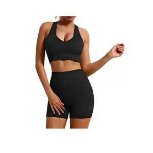 Conjunto de ioga barato feminino shorts e esportes sutiã treino fitness desgaste shorts atacado suporte traseiro conjunto de ioga sem costura