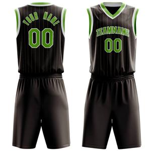 Uniforme de basket-ball pour hommes de haute qualité noir avec des détails verts conception à fines rayures 100% uniforme sans manches à col en V en polyester - Product Image 4