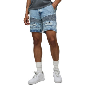 Pantalones cortos de mezclilla azul claro para hombre con paneles acanalados y rasgaduras desgastadas ropa de calle personalizada Slim Fit Summer Biker Jorts Fashion - Product Image 1