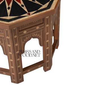 Mesa Auxiliar Octogonal Hecha a Mano con Incrustaciones Geométricas Islámicas y Tallado Intrincado en Madera para Decoración Oriental del Hogar - Product Image 5