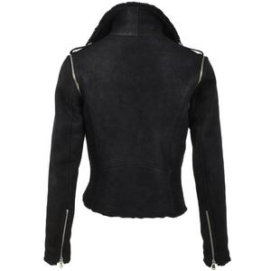 Vente en gros de veste de style motard chauffante pour femmes en cuir véritable de haute qualité avec col en fourrure fermeture éclair noire mode hiver - Product Image 3