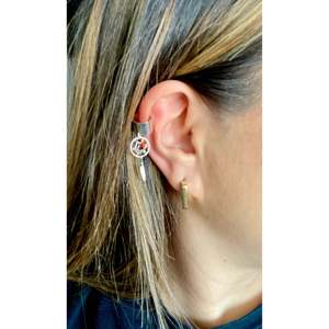 Navajo Crafted Fine Sterling Silver & Coral Dreamcatcher Ear <b>Cuff</b> Earrings - Product Image 2