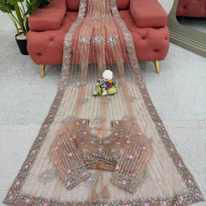 Premium Soft <strong>Net</strong> <strong>Saree</strong> with Intricate Thread &amp; Sequin Embroidery Luxury <strong>Saree</strong> &amp; Blouse Stunning Handcrafted <strong>Design</strong> - Product Image 1