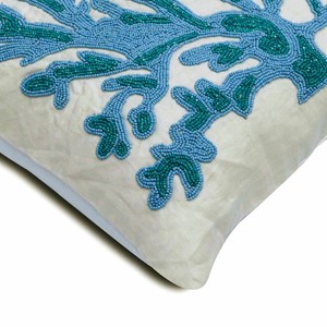 Designer Sea Weeds, Corals Pillow <b>Cover</b> 16"x16", Cotton <b>Linen</b> Toss Pillow <b>Cover</b> Beaded Toss Cushion Sea Creatures Beach - Product Image 2