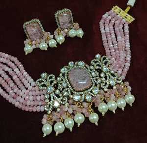 À la mode Antique plaqué or Polki Kundan tour de cou ensemble boucles d'oreilles élégant bijoux en laiton pour fête anniversaire de mariage - Product Image 3