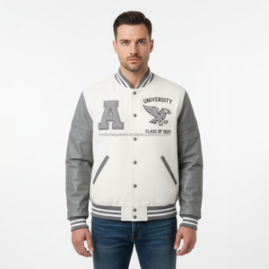 Hot Sale Custom Grey Varsity <b>Jackets</b> | Wool Body | <b>Men's</b> <b>Summer</b> Fashion <b>Jackets</b> Wholesale Front Logo Windproof & Breathable - Product Image 1