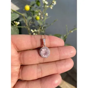 925 Silver Link <b>Chain</b> Necklace Rose Quartz Gold Plated for Gift Engagement Party Featuring Religious Style <b>Copper</b> Wood Main - Product Image 1