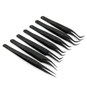 Venta caliente punta de fibra extensión de pestañas gancho extremo híbrido pinzas de pestañas rectas puntiagudas pinzas de pestañas Color negro Acero inoxidable - Product Image 1