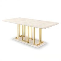 Ensemble de salle à manger moderne et luxueux pour la maison, table à manger carrée élégante avec plateau en marbre, pieds en acier inoxydable doré, 6 chaises rembourrées