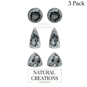 925 Sterling <b>Silver</b> <b>Stud</b> <b>Earrings</b> Dendritic Opal Bullet Trillion Bezel Setting Trendy Handmade Fashion Jewelry Party Gift Pack 3 - Product Image 3