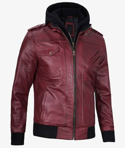 Chaqueta Bomber de Cuero Genuino Color Granate para Hombre, con Capucha Desmontable, Estilo Vintage Personalizado, Chaqueta de Motociclista Desgastada, Corte Ajustado - Product Image 4