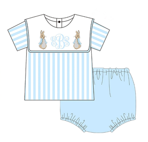 Conjuntos de Ropa Infantil de Boutique para Niños, Bordados de Pascua, Cómodos, Vestido a Rayas para Hermanos, Niños y Niñas, Rosa y Azul, con Volantes y Conejito - Product Image 3