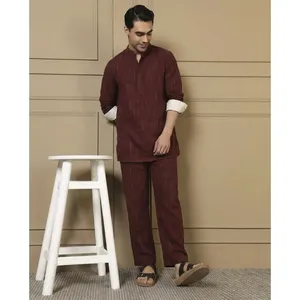 Amanush <b>Men's</b> Maroon Cotton Textured Woven Co-Ord Set Mandarin Collar Full Sleeve Kurta Pant Casual Summer Daily Wear 2 Piece - Product Image 1