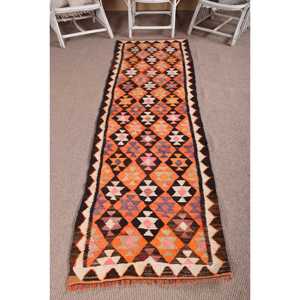 Vintage Kilim <b>Runner</b> <b>Rug</b> 2.5x8.5 ft (75x260 cm), Turkish Orange Patchwork Wool <b>Rug</b> - Product Image 1
