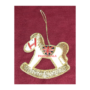 Zari bordado a mano árbol de Navidad adornos colgantes forma de caballo Material de tela Color blanco usado decoración de fiesta de Navidad - Product Image 1