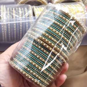 Traditional Stylish Velvet Covered Kundan Rhinestone Bangles Set Trendy Classic Bridal Bangles for Girls' Wedding Occasions - Product Image 5