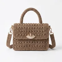 Sac bandoulière en raphia tressé fait main pour femme, sac à rabat avec chaîne, léger, style vintage, pour soirée et voyage
