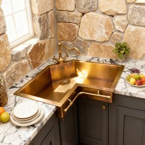 Tùy Chỉnh Sang Trọng L-Hình Dạng Góc Bồn Rửa Nhà Bếp Đồng/Đồng Khăn Bar/Khô Giá | Handmade Drop-In Bát Duy Nhất Bề Mặt Chải - Product Image 6