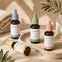 Flacon d'huile essentielle ambrée personnalisé de 30 ml, récipient en verre pour sérum avec bouchons pastel multicolores, collection de marques de niche OEM ODM OBM