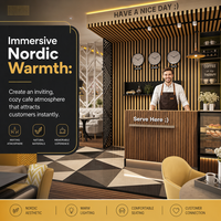 Meubles de restaurant industriels pour café, avec comptoir de service à lattes de bois, vitrine à pâtisserie et canapé jaune pour café