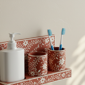 ชุดอุปกรณ์จัดระเบียบห้องน้ำลายดอกไม้หรูหรา งานฝีมือประดับลายดอกไม้ ชั้นวางของแบบลอยตัวและที่วางแปรงสีฟัน ดินเผาคุณภาพพรีเมียม - Product Image 2